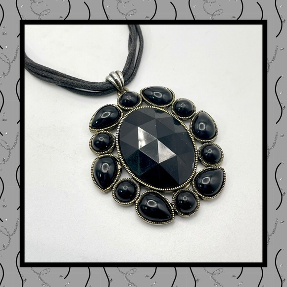 Bold Black Acrylic Pendant on Multi Strand Cords Statement Necklace VGC - Picture 2 of 14
